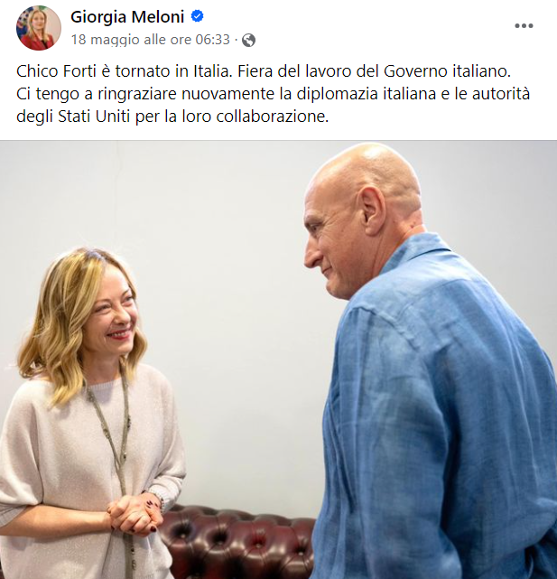 GIORGIA MELONI: Chico Forti è tornato in Italia. Fiera del lavoro del Governo Italiano.